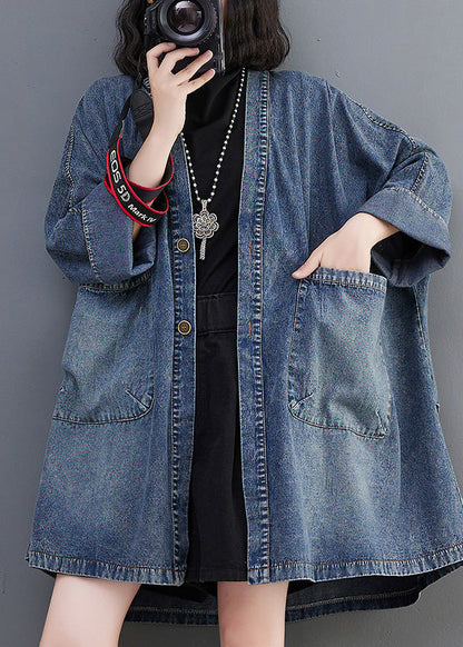 Blue V Neck Patchwork Button Trench Coats Spring
