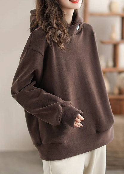 Loose Red Faux Suede Hooded Sweatshirt Spring