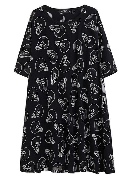 Fine Black O-neck Loose Summer Jacquard Dresses Half Sleeve