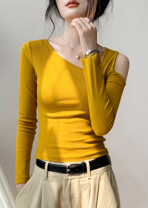 Yellow Cold Shoulder Hollow Out Cotton T Shirt Fall