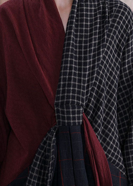 Long Sleeve V-neck Loose Plaid Patchwork Maxi Dress