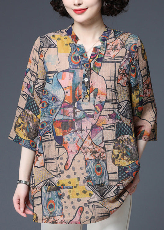 Modern V Neck Print Button Thin Shirt Top Three Quarter Sleeve