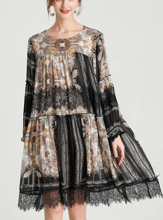 Italian Black Print Chiffon O-neck Summer Party Dress