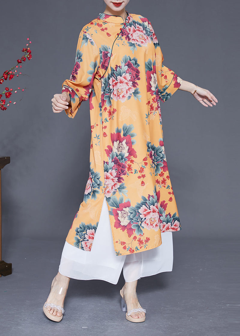 Yellow Stand Collar Print Silk Dresses Bracelet Sleeve