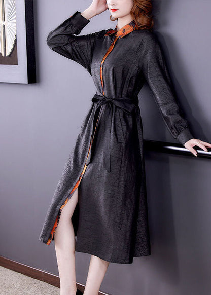 Black Patchwork Tie Waist Silk Fake Two Piece Trench Coat Long Sleeve