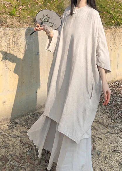 Beige Stand Collar Oriental Button Linen Long Dress Bracelet Sleeve