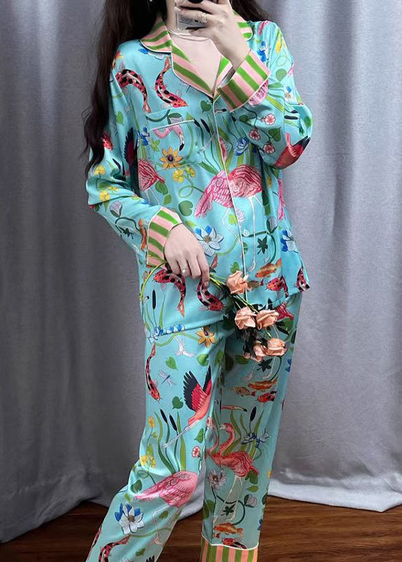 Blue Striped Print Button Ice Silk Pajamas Two Pieces Set Spring