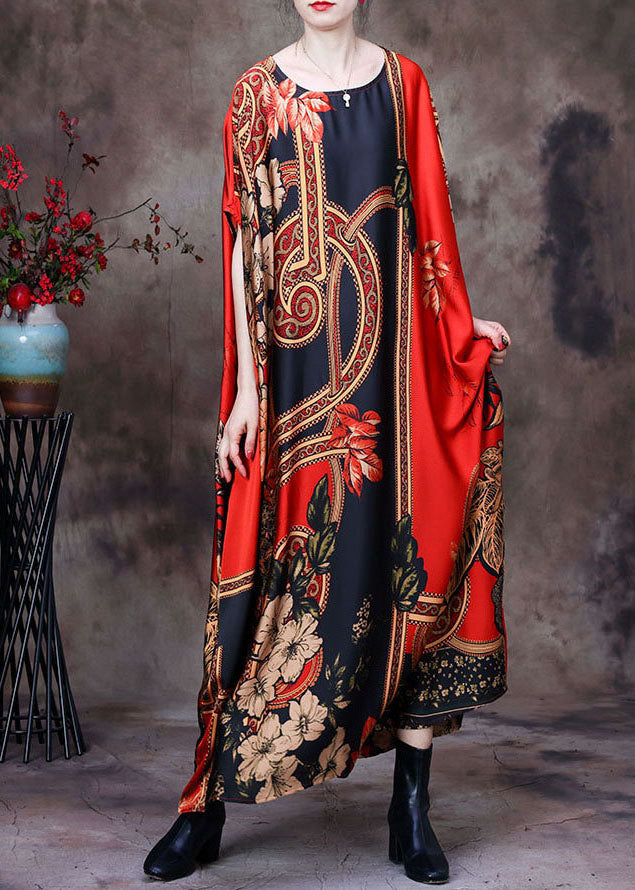 Classy Red O-neck Print Silk Loose Long Dresses Gown Batwing Sleeve