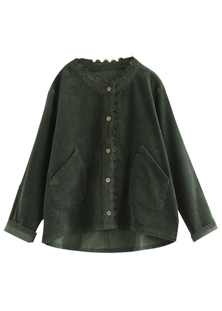 Green Pockets Patchwork Lace Corduroy Coats Long Sleeve