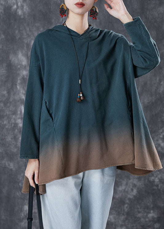 Loose Green Hooded Gradient Color Cotton Sweatshirt Spring