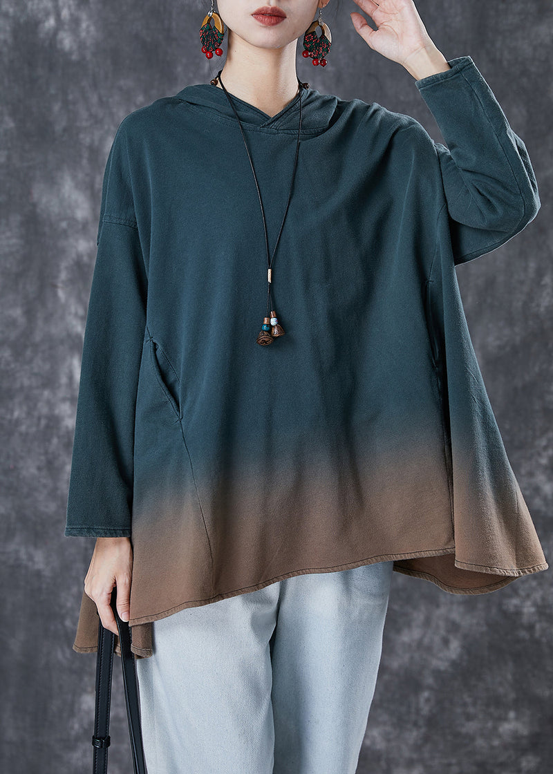 Loose Green Hooded Gradient Color Cotton Sweatshirt Spring