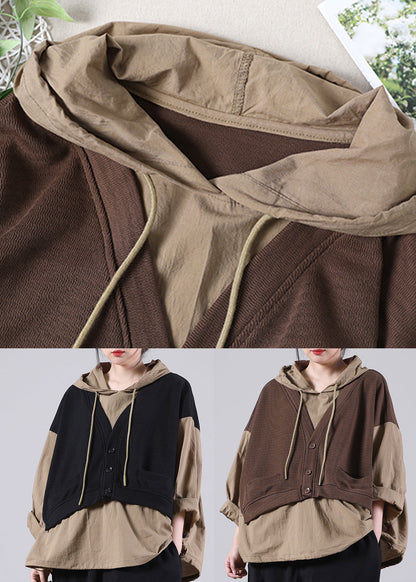 Black Drawstring Fake Two Pieces Hooded Sweatshirts Long Sleeve