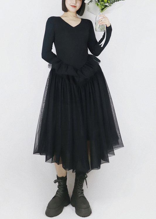 Black Asymmetrical Tulle Patchwork Cotton Dresses
