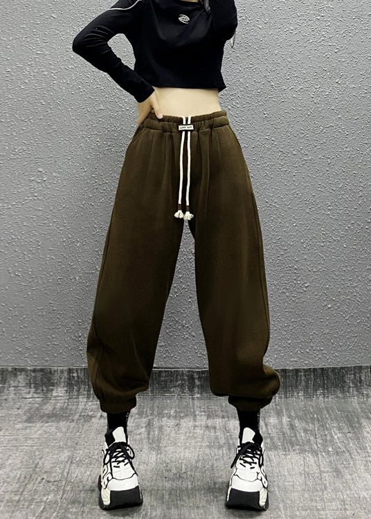Black Pockets Drawstring Warm Fleece Sport Beam Pants Winter