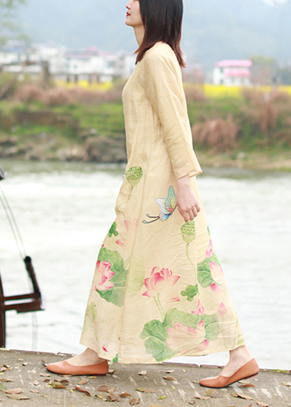 Brief Beige O-neck Butterfly Print Linen Dresses Long Sleeve