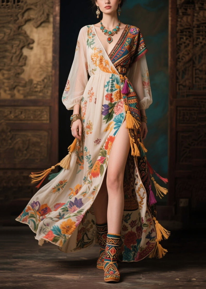 Style Colorblock Tasseled Side Open Chiffon Dress Summer