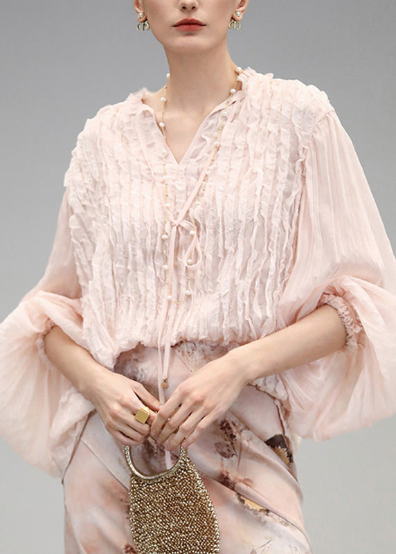 Pink V Neck Wrinkled Chiffon Tops Fall