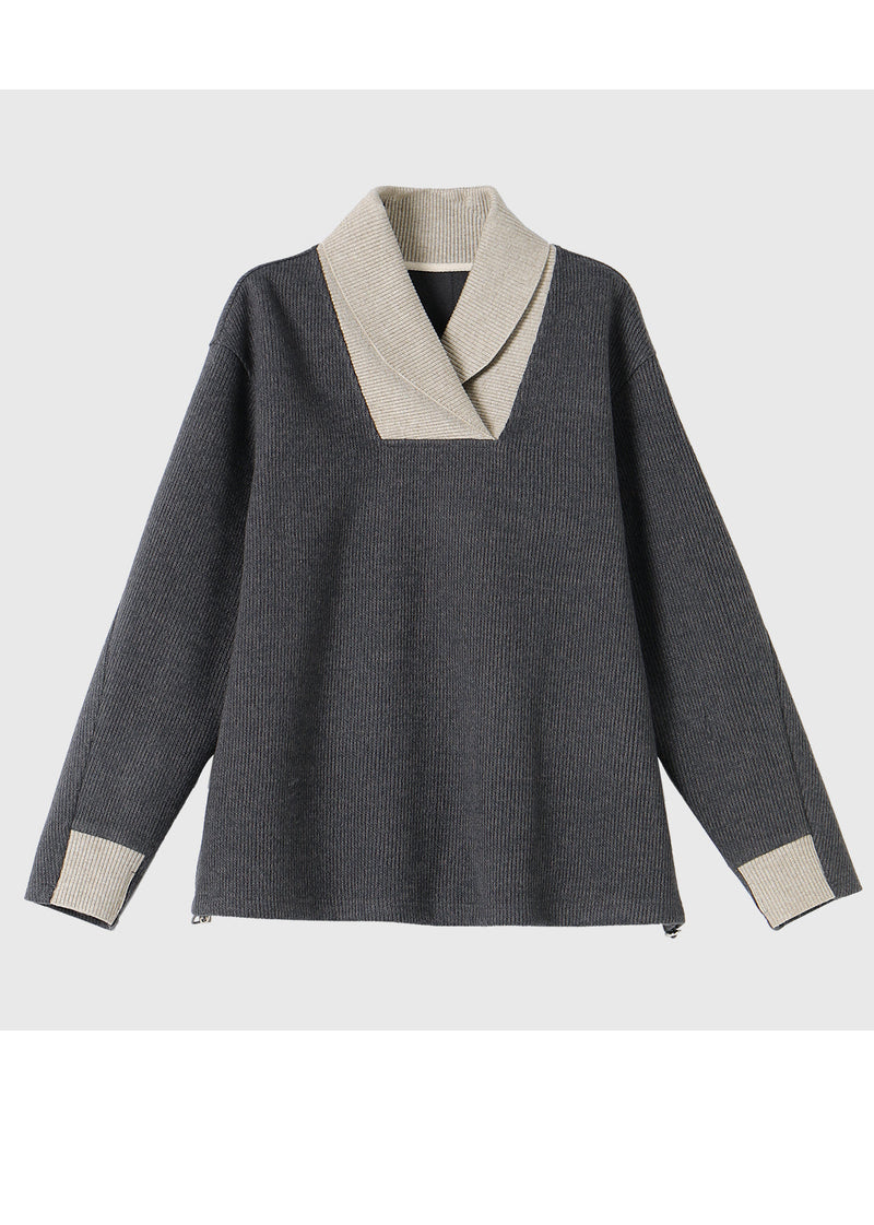 Grey Peter Pan Collar Patchwork Knit Sweater Winter