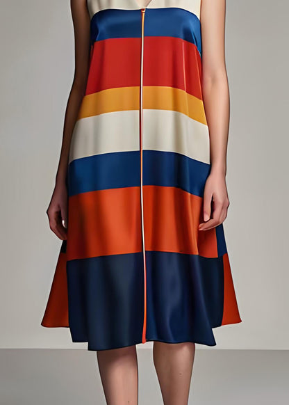 Colorblock V Neck Striped Silk Dresses Sleeveless