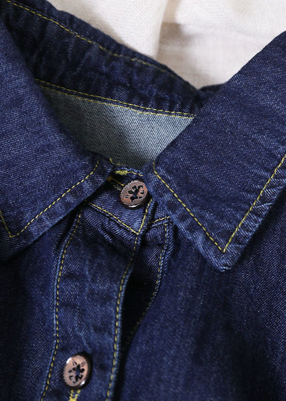 Denim Blue Peter Pan Collar Wrinkled Pockets Cotton Robe Dresses Short Sleeve