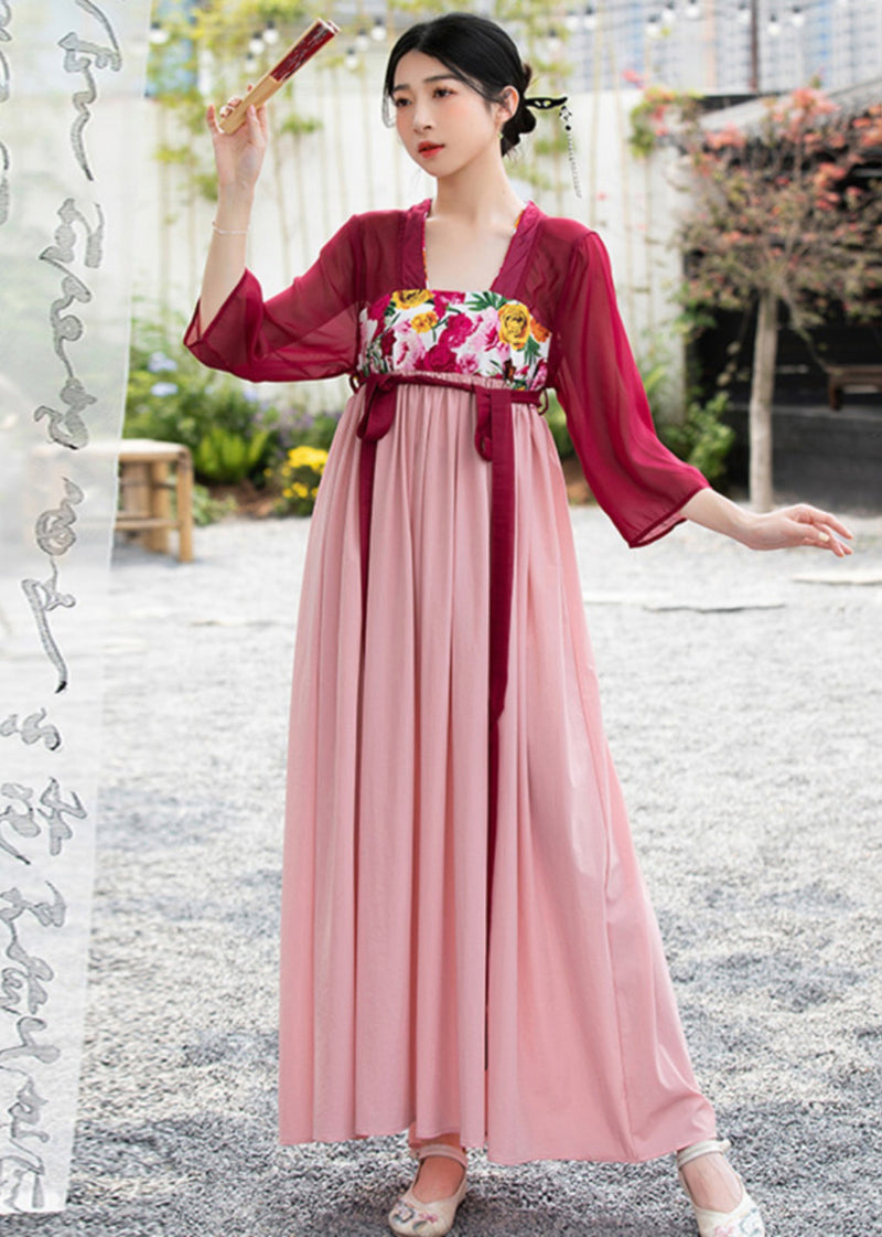Red Embroideried Lace Up Wrinkled Patchwork Chiffon Long Dresses Summer