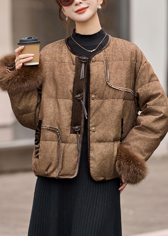 New Coffee Fur Patchwork Duck Down Short Coat Winter