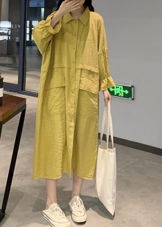 Style Yellow Dress Lapel Pockets Maxi Spring Dresses