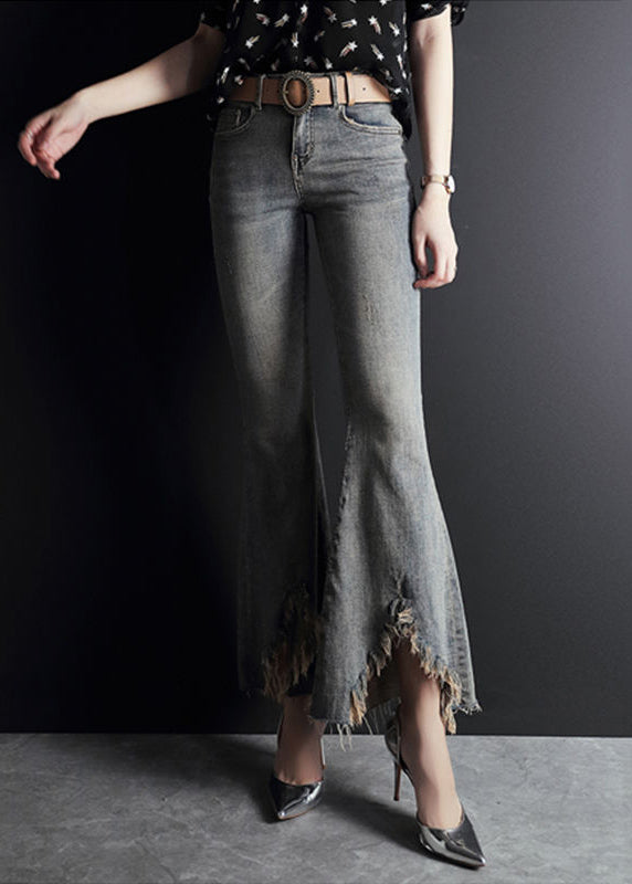 Light Blue Asymmetrical Pockets Cotton Denim Flare Pants Summer