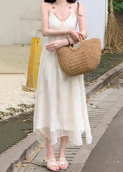 Beige V Neck Lace Up Patchwork Chiffon Dress Sleeveless