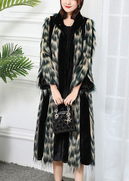 Gradient Color Striped Patchwork Faux Leather and Fur Coat Outwear Winter