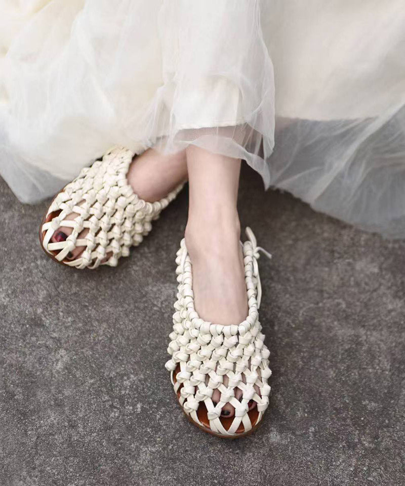 Handmade Comfy Beige Hollow Out Cowhide Leather Chunky Sandals