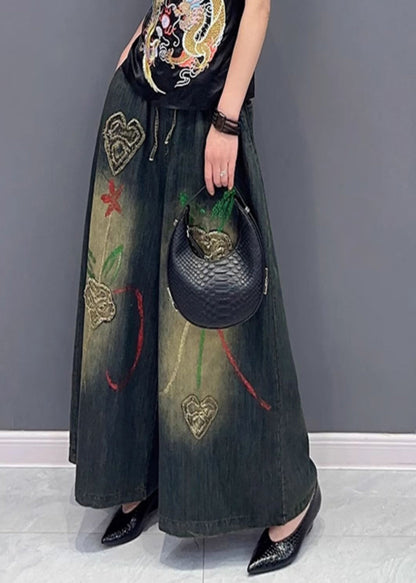 Embroideried Elastic Waist Wide Leg Jeans