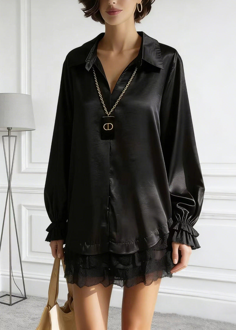 Black Peter Pan Collar Lace Patchwork Silk Shirt Tops Spring