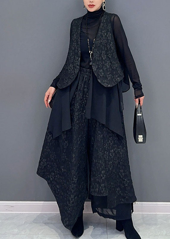 Art Black V Neck Print Waistcoat and Wide Leg Pants Two Pieces Set Fall