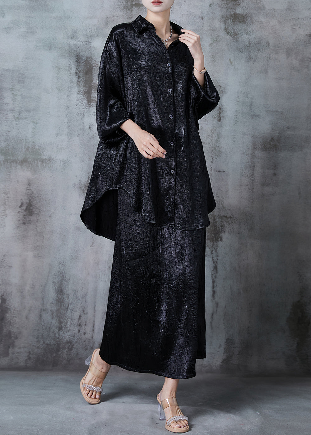 Black Silk Sets 2 Pieces Oversized Wrinkled Fall