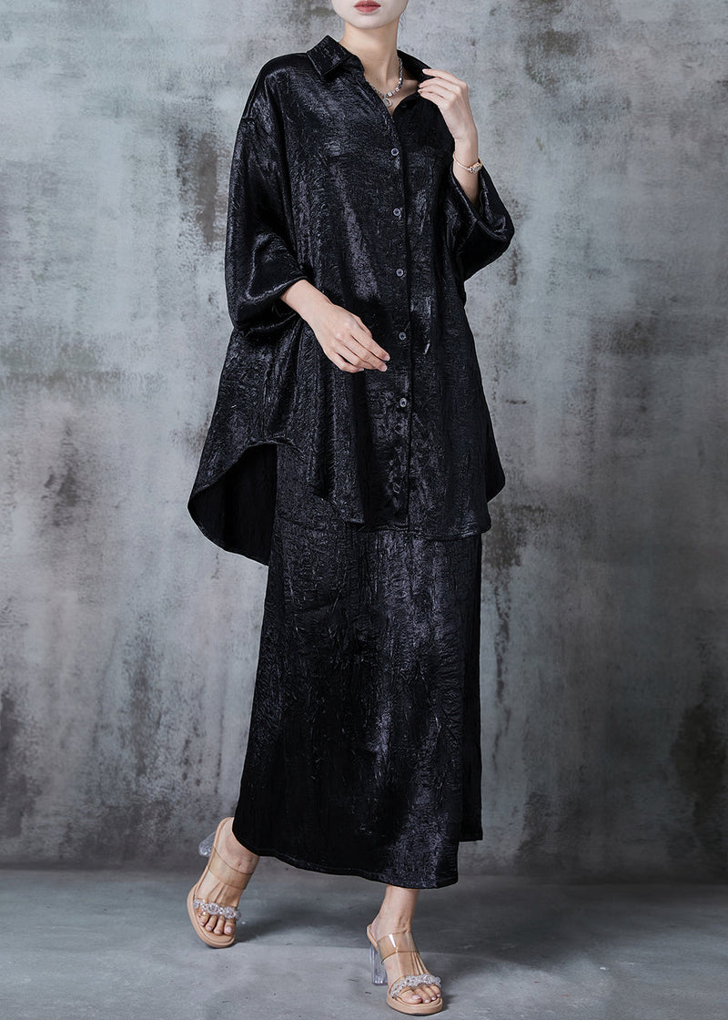 Black Silk Sets 2 Pieces Oversized Wrinkled Fall