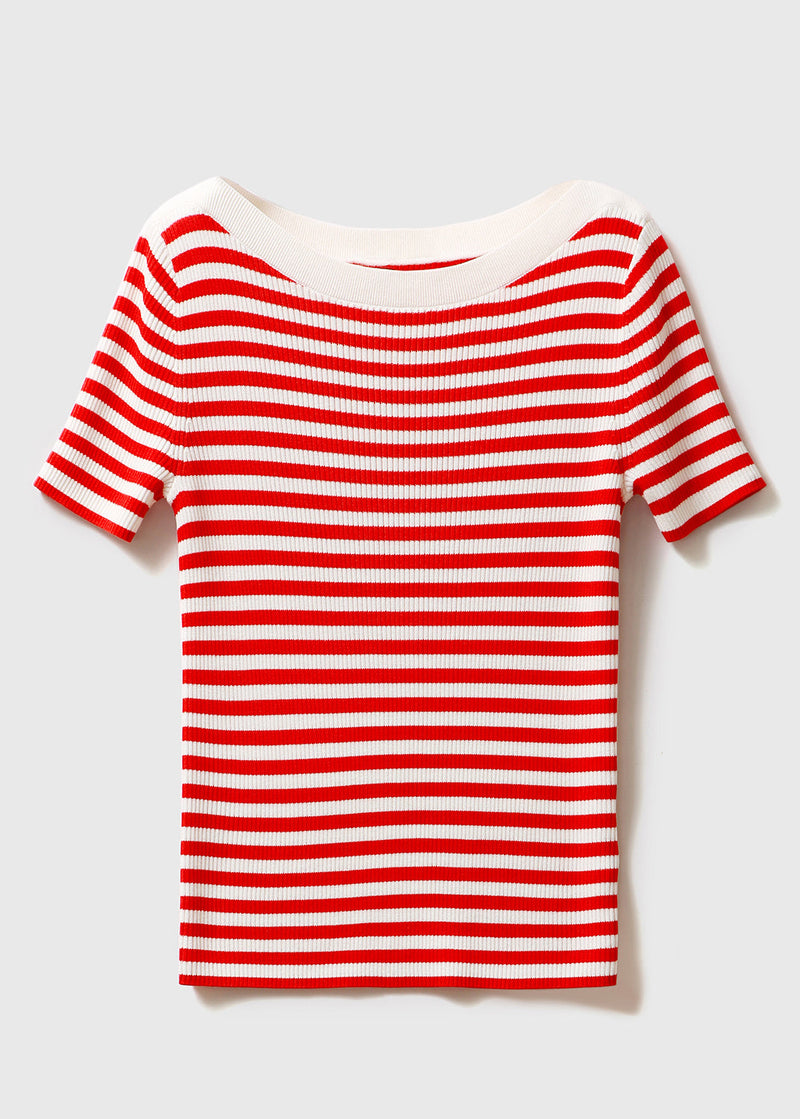 Slim Fit Red Striped O-neck Silk Knit T Shirts Sleeve