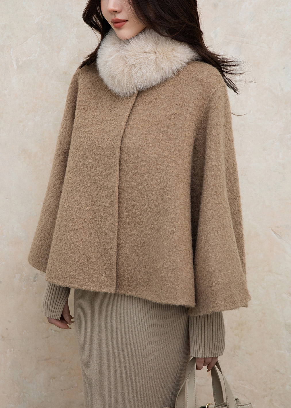 Loose Brown Fox Collar Button Woolen Coats Winter