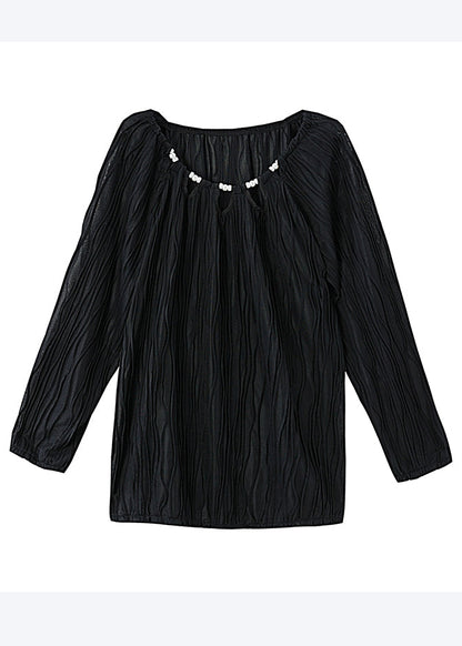 Fine Black O-neck Nail Bead Cotton Loose Shirts Fall