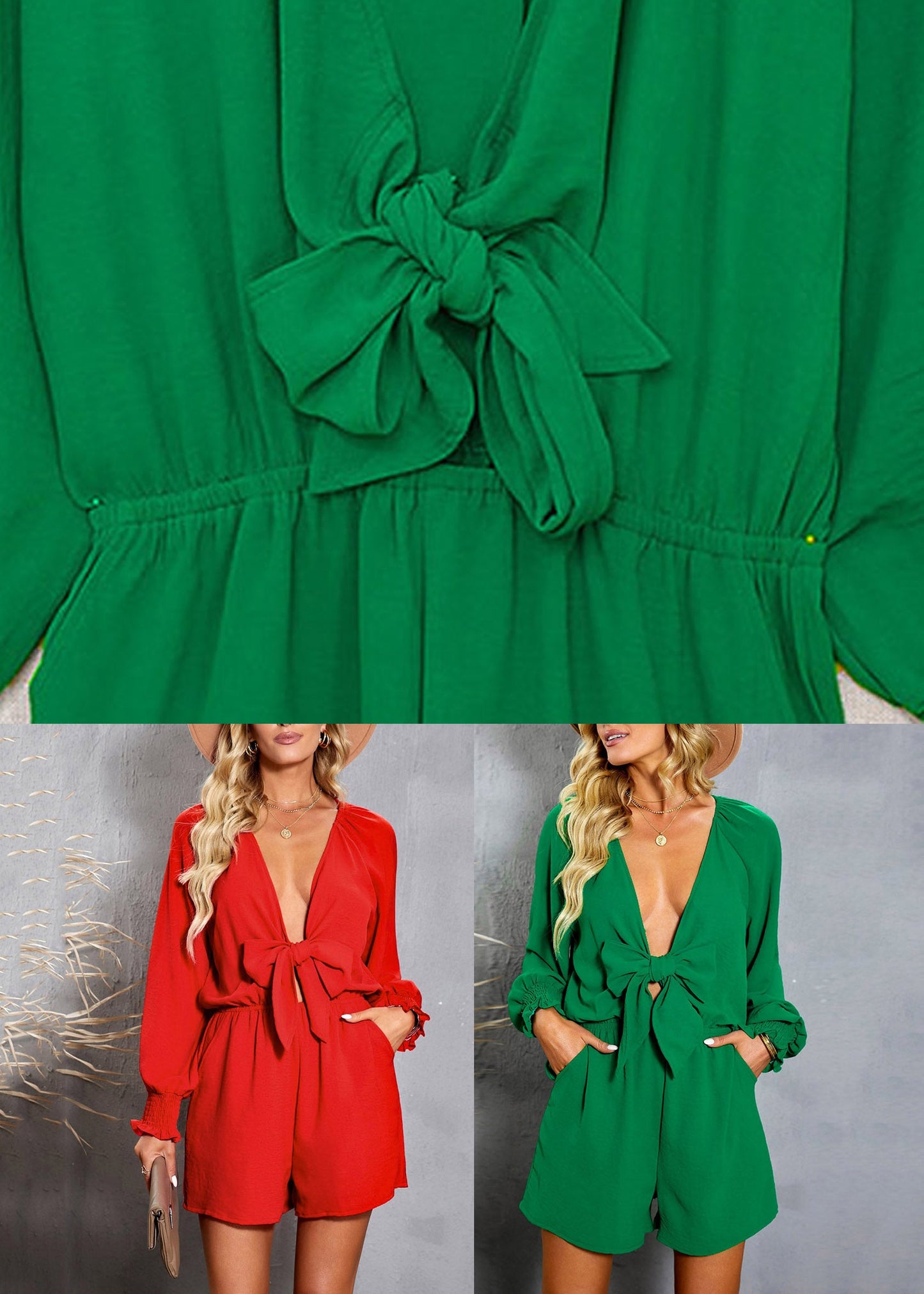 Green Bow Pockets Elastic Waist Jumpsuit Lantern Sleeve
