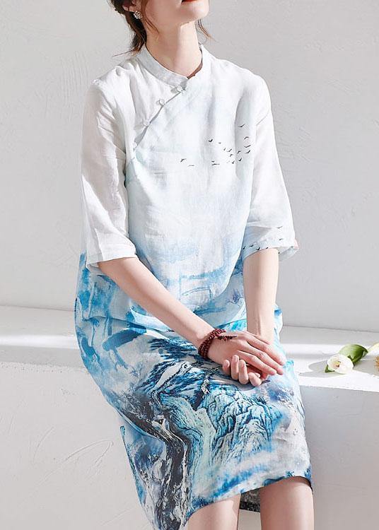 White Patchwork Button Print Summer Ramie Mid Dress Half Sleeve