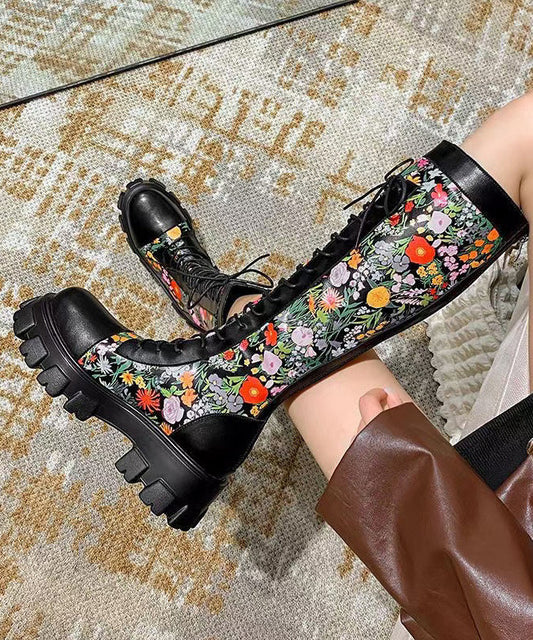 Black Embossed Splicing Platform Boots Lace Up