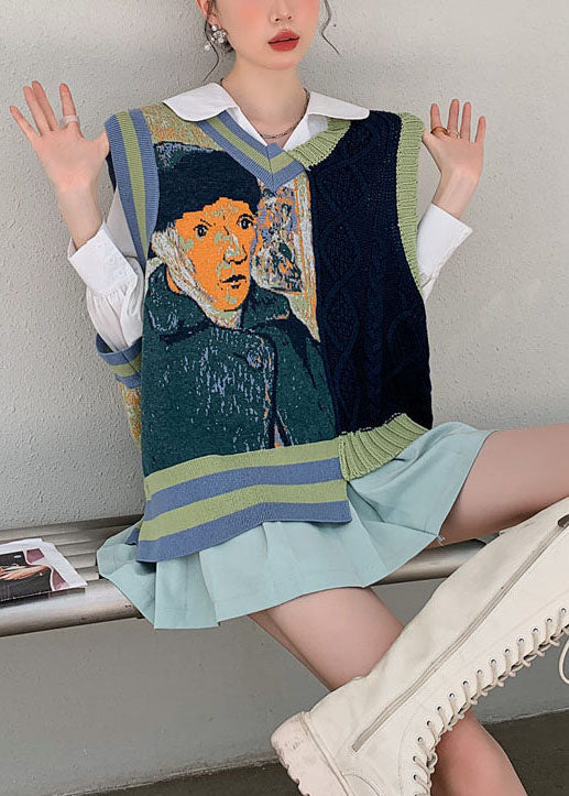 Unique Orange Patchwork Asymmetrical Design Print Fall Knit Vest