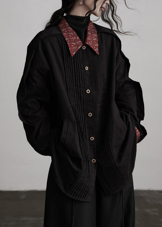 New Black Peter Pan Collar Wrinkled Patchwork Cotton Shirts Top Fall