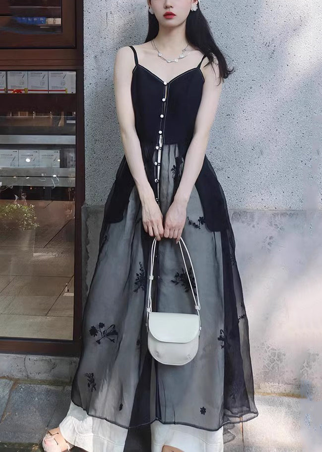 New Black Button Spaghetti Strap Dress and White Pants Silk 2 Piece Sleeveless