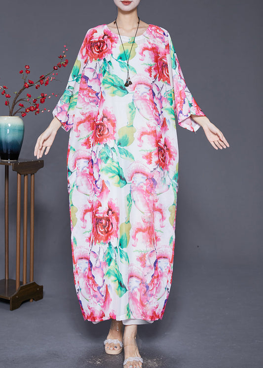 Pink Oversized Print Cotton Dress Batwing Sleeve
