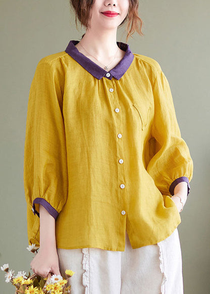 Yellow Peter Pan Collar Patchwork Linen Shirt Top Bracelet Sleeve