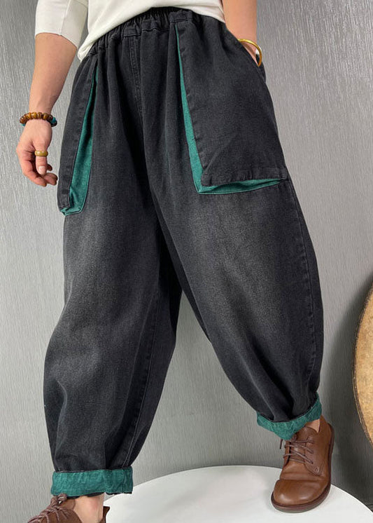 Classy Black Elastic Waist Pockets Denim Pants Spring