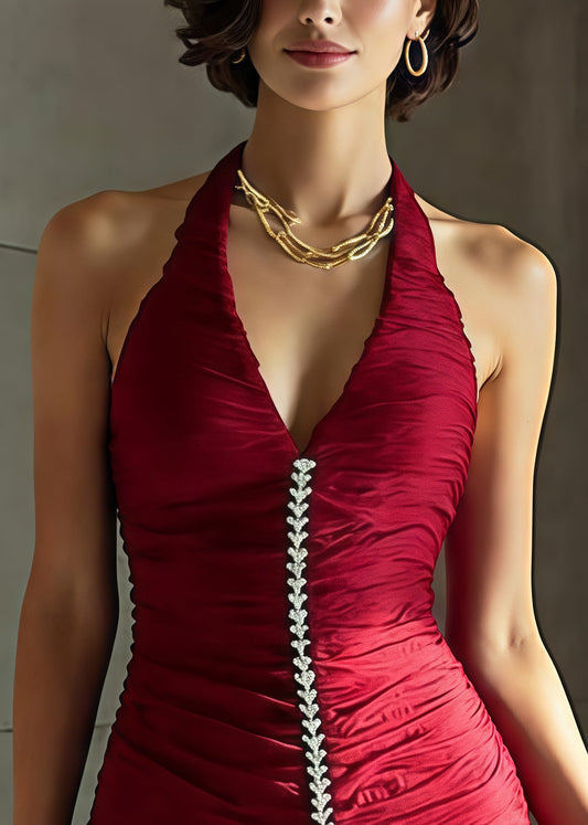Red Halter Ruffled Organza Tea Dress Summer