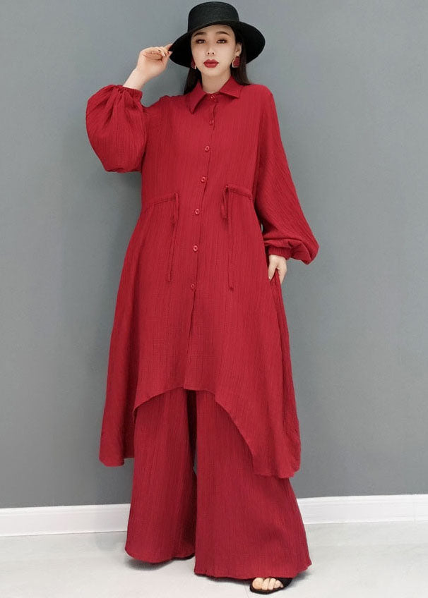 Red Loose Cotton Long Shirt and Straight Pants Two Pieces Set Tie Waist Spring